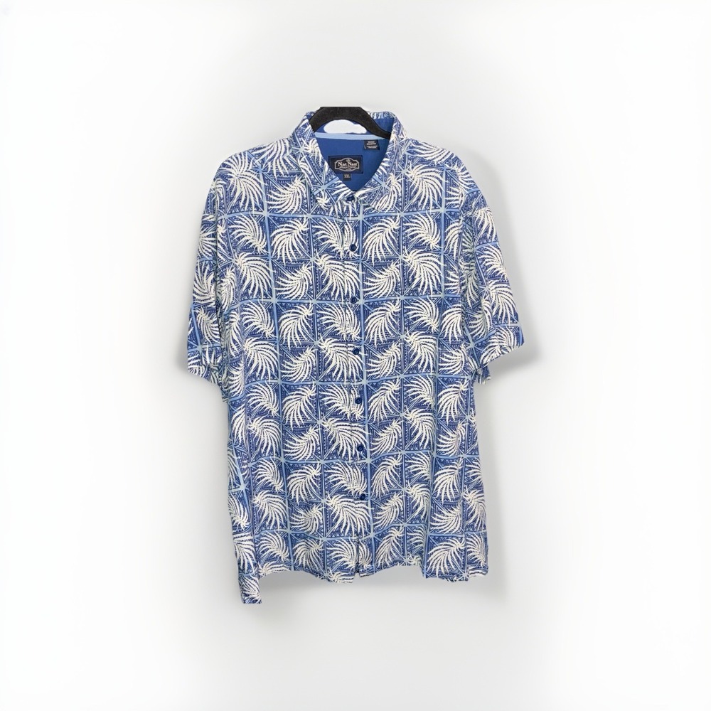 Nat Nast Shirt 2XL Luxury‎ Originals Men's Blue White PALMS SILK HAWAIIAN Camp
